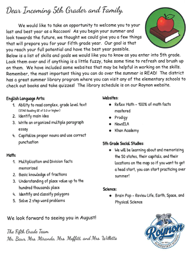 letter to 5th grade students and parents